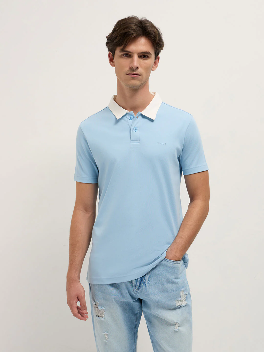 Men Blue Solid Slim Fit Polo - Image 6