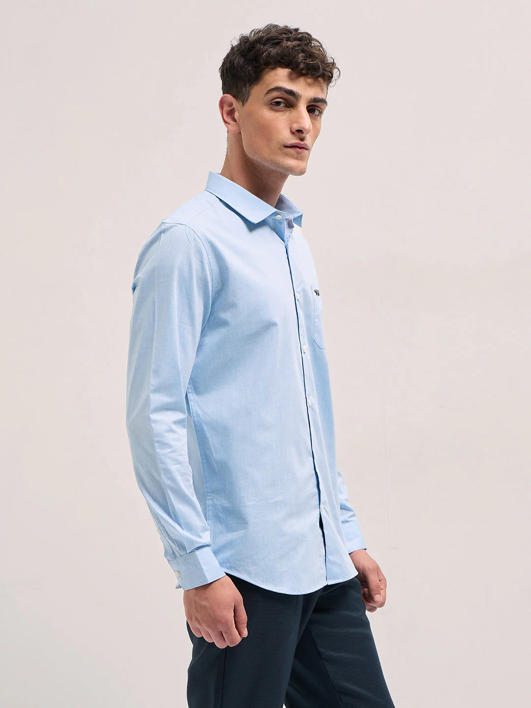 Men Blue Solid Tailored Fit Polyester Blend Formal Shirt - Image 3