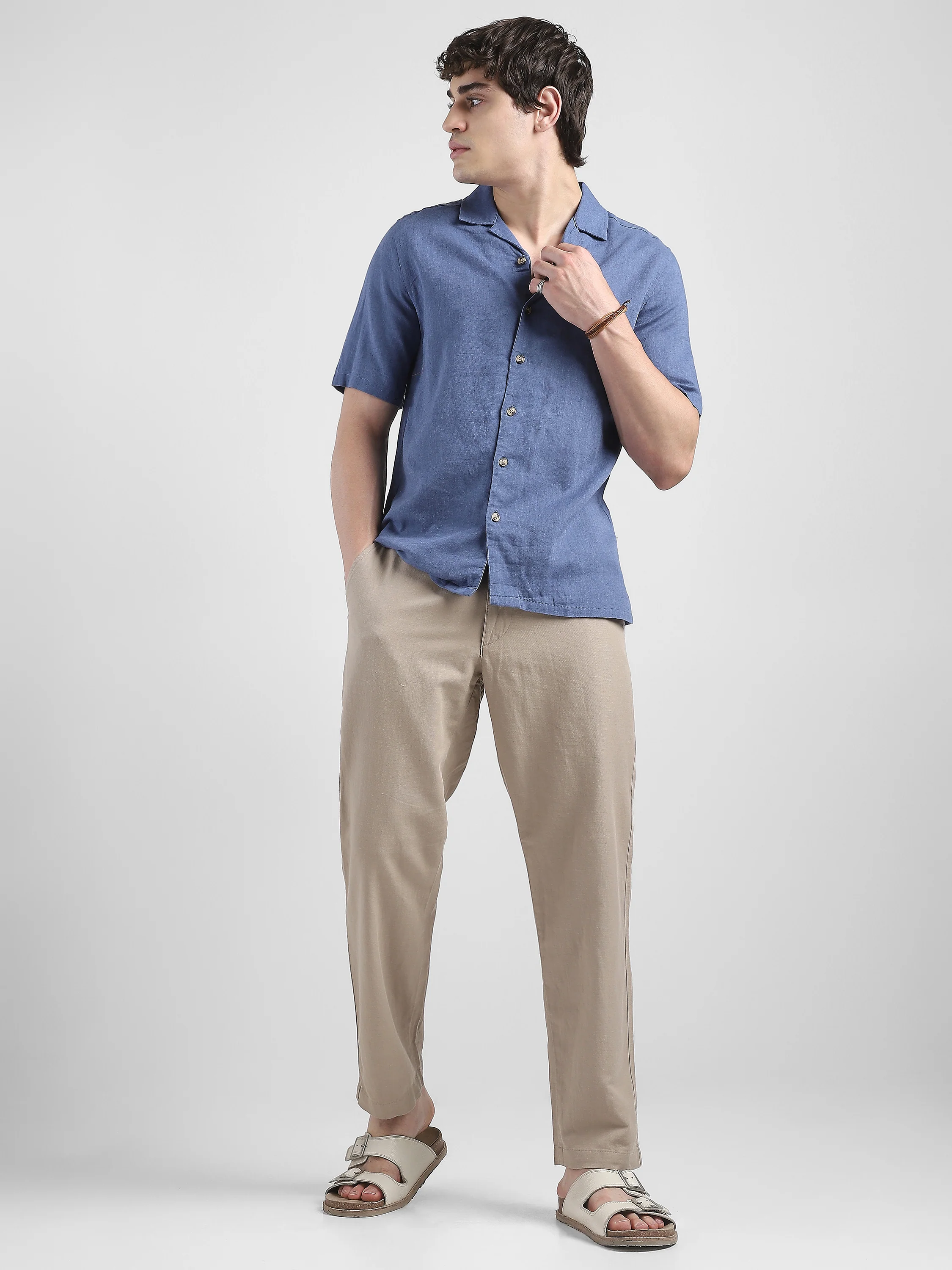 Men Blue Spread Collar Linen Blend Shirt - Image 3