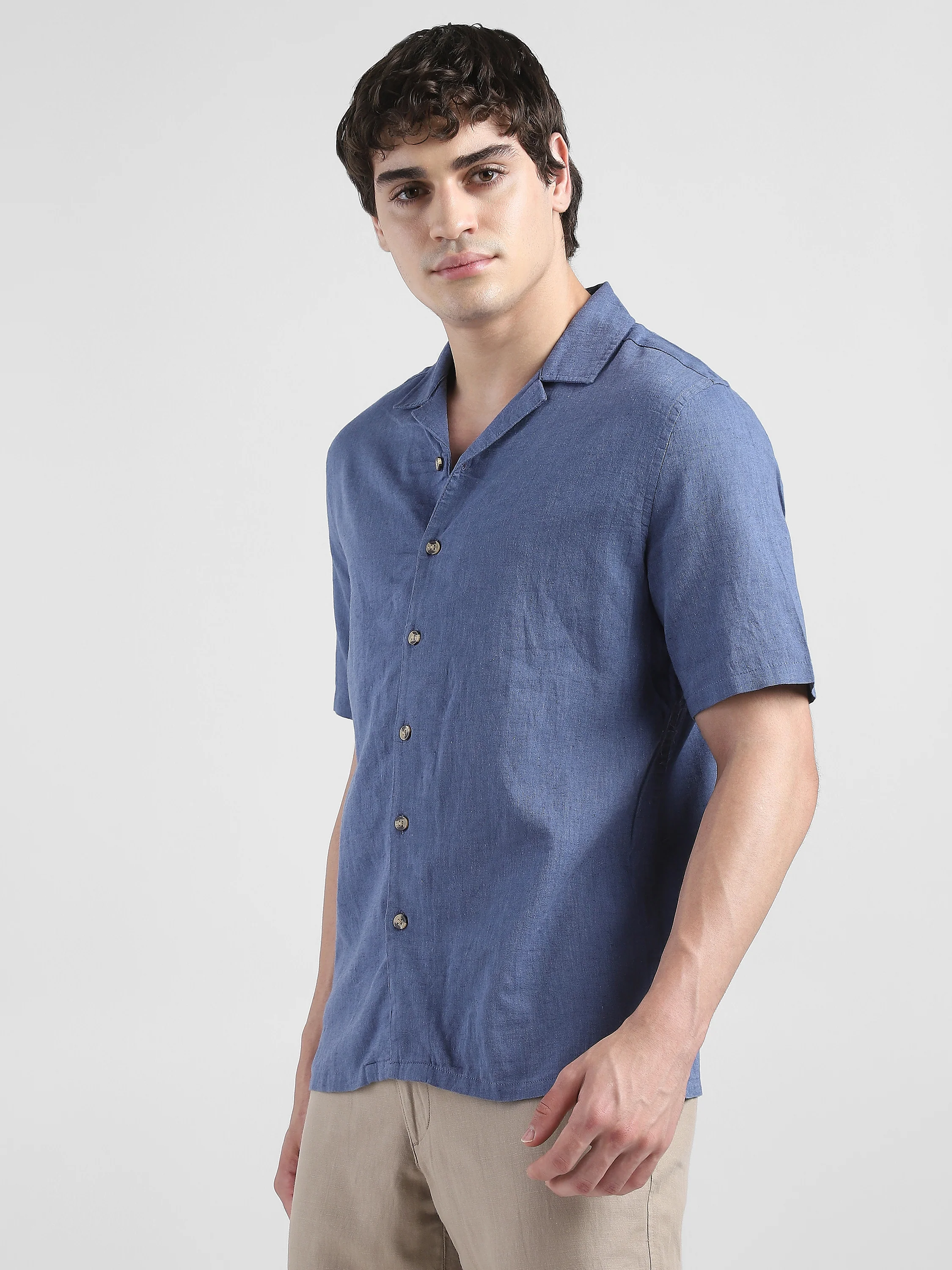 Men Blue Spread Collar Linen Blend Shirt - Image 6