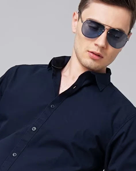 Men Blue Spread Collar Shirt - Image 4