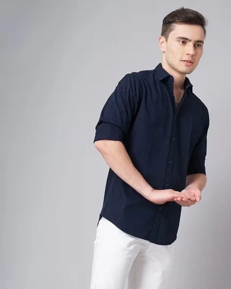 Men Blue Spread Collar Shirt - Image 5