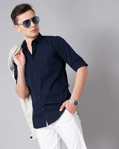 Men Blue Spread Collar Shirt - Image 6