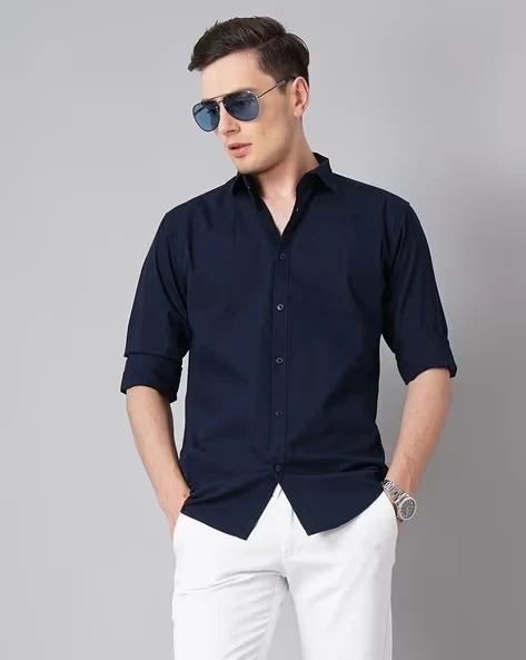 Men Blue Spread Collar Shirt - Image 7
