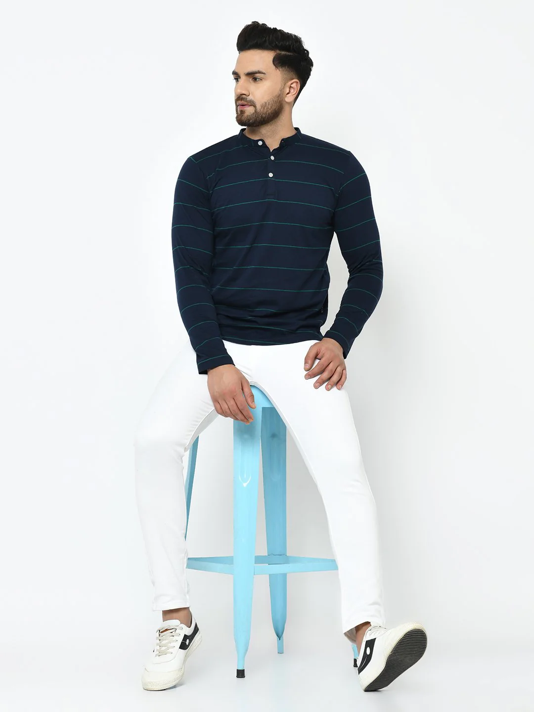 Men Blue Stripe Henley Cotton Fabric T-Shirt - Image 2