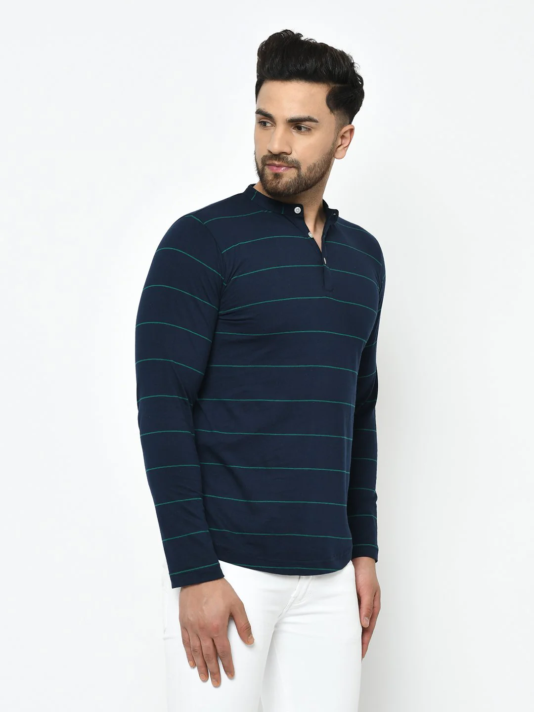 Men Blue Stripe Henley Cotton Fabric T-Shirt - Image 3