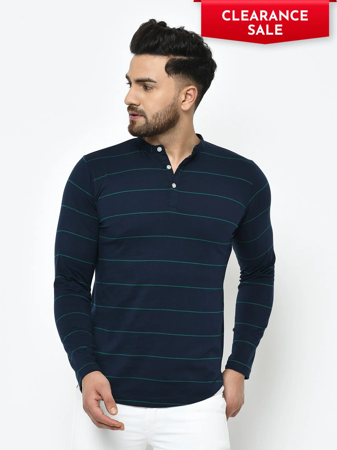 Men Blue Stripe Henley Cotton Fabric T-Shirt - Image 4