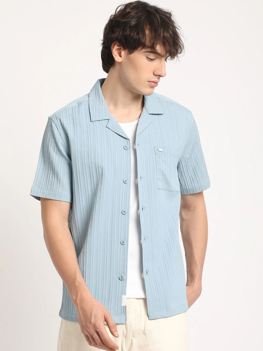 Men  Blue Stripe Regular Fit Casual Shirt - Image 2