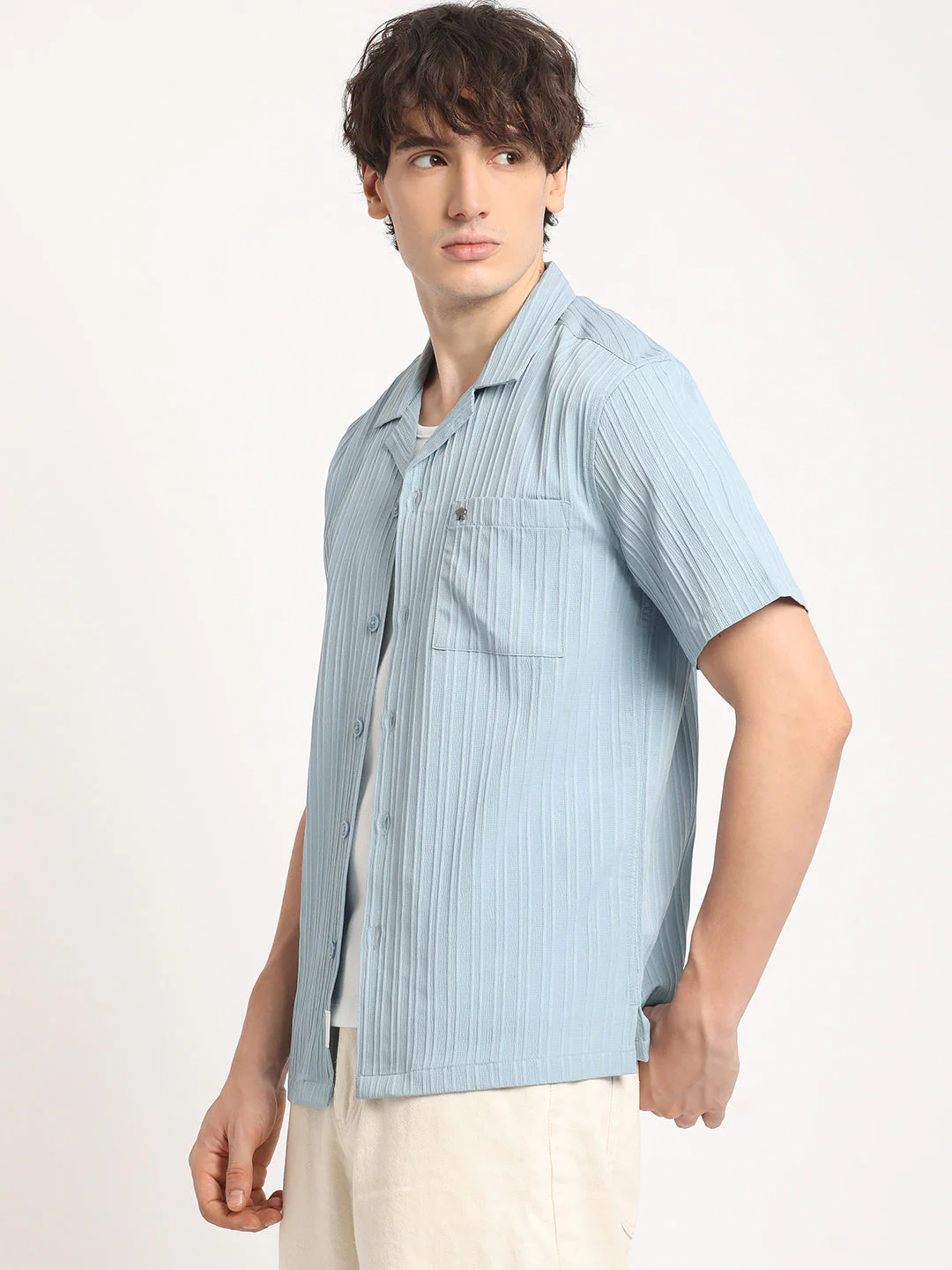 Men  Blue Stripe Regular Fit Casual Shirt - Image 3