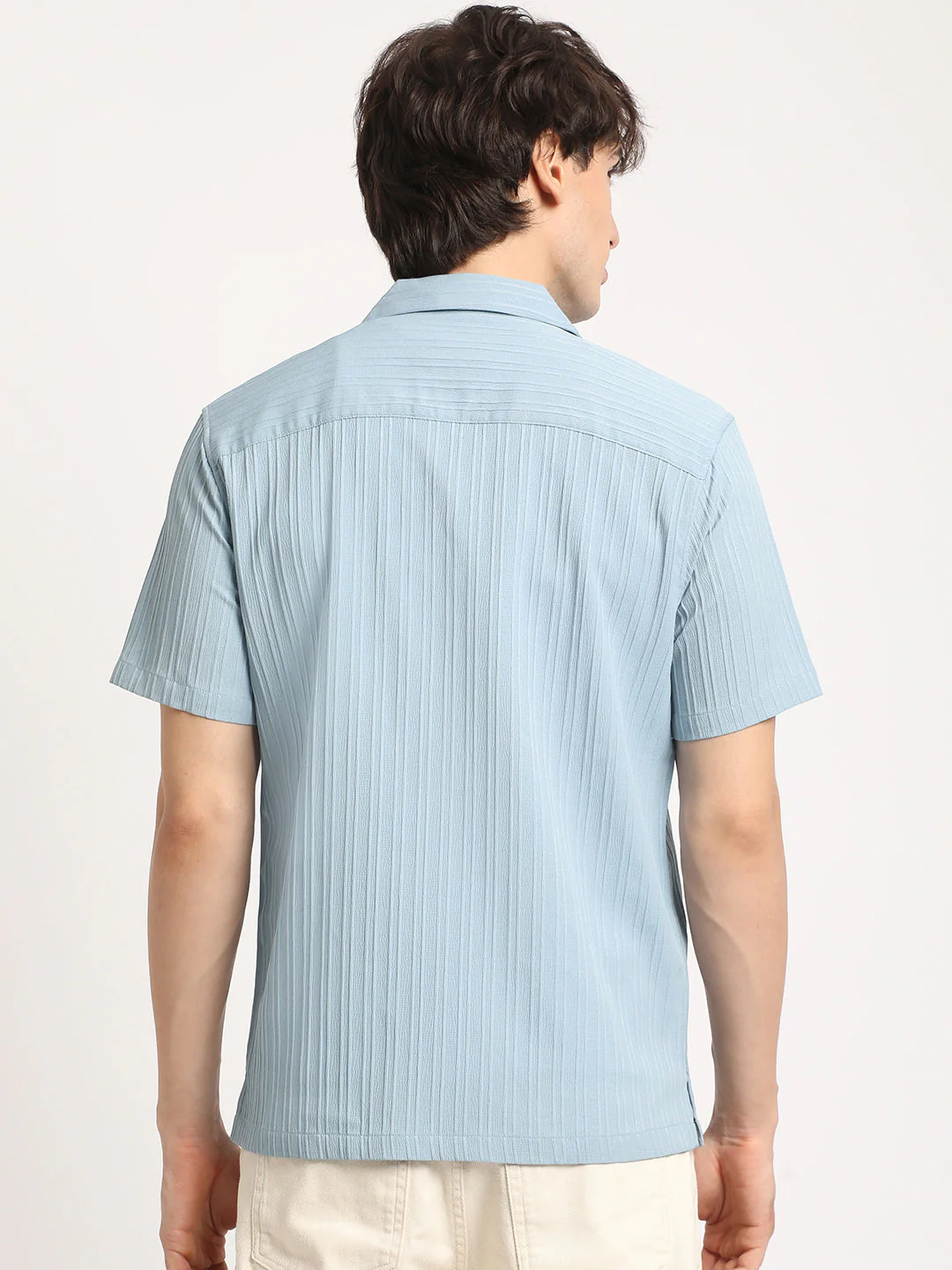 Men  Blue Stripe Regular Fit Casual Shirt - Image 4