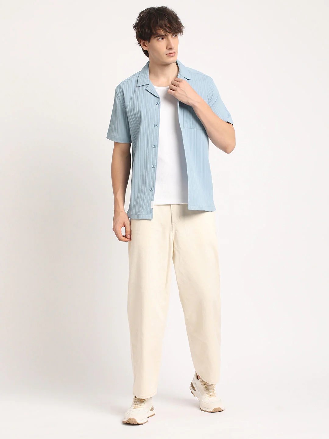 Men  Blue Stripe Regular Fit Casual Shirt - Image 5