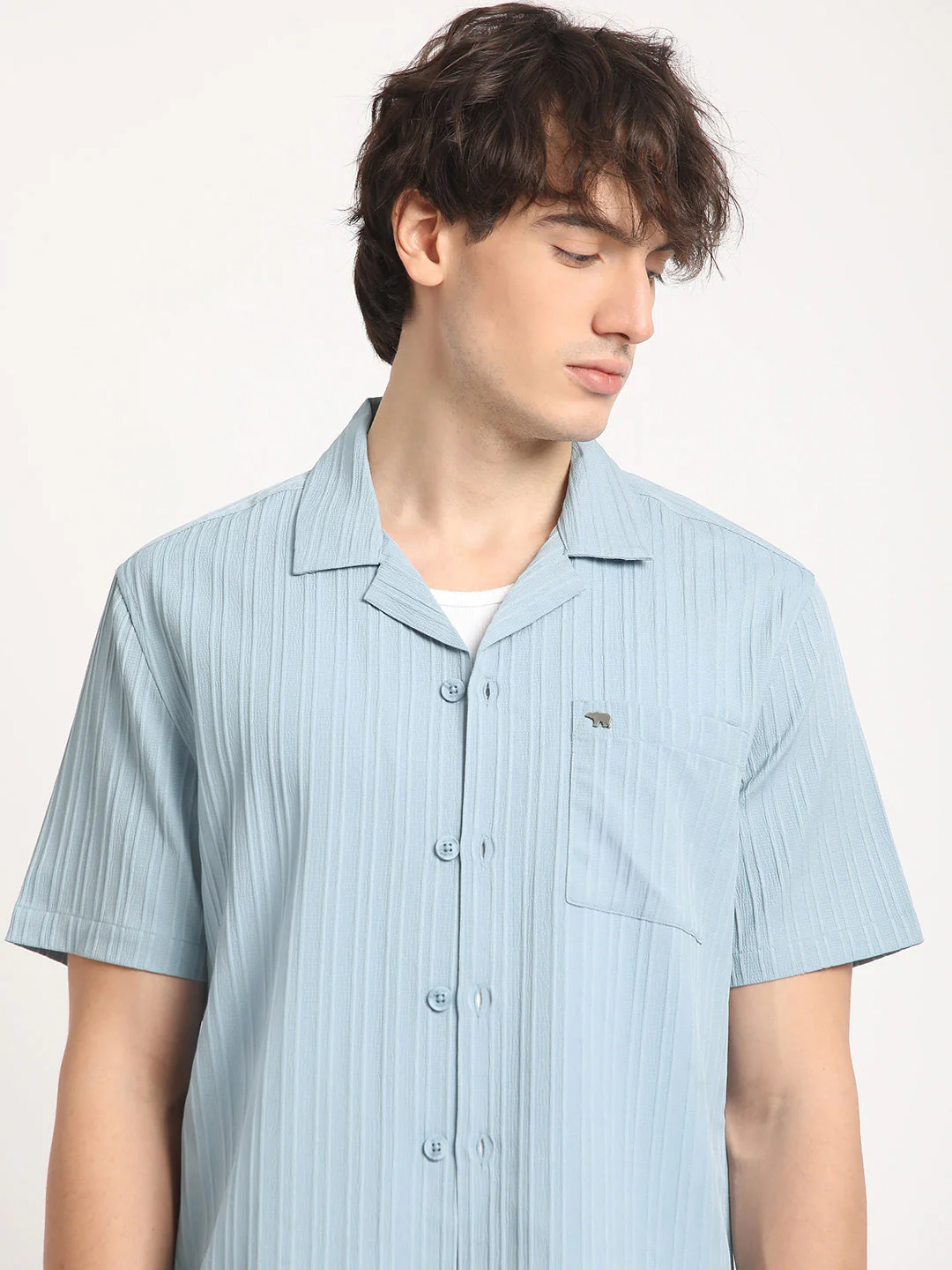Men  Blue Stripe Regular Fit Casual Shirt - Image 6