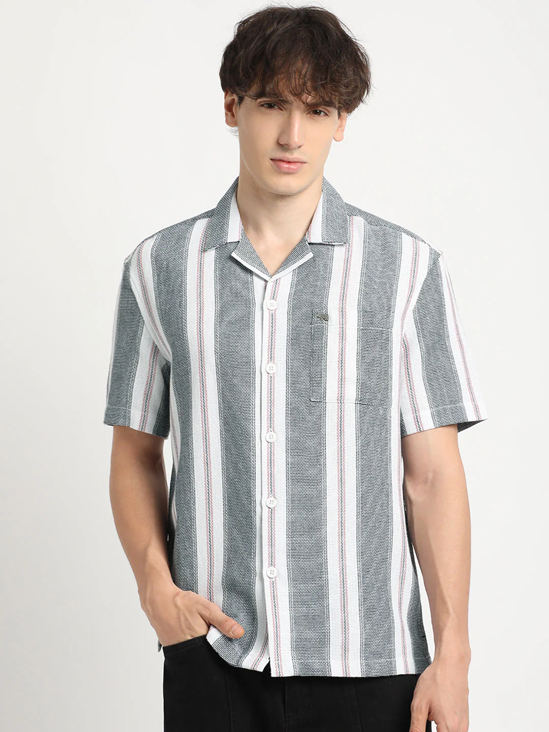 Men  Blue Stripe Regular Fit Casual Shirt - Image 2