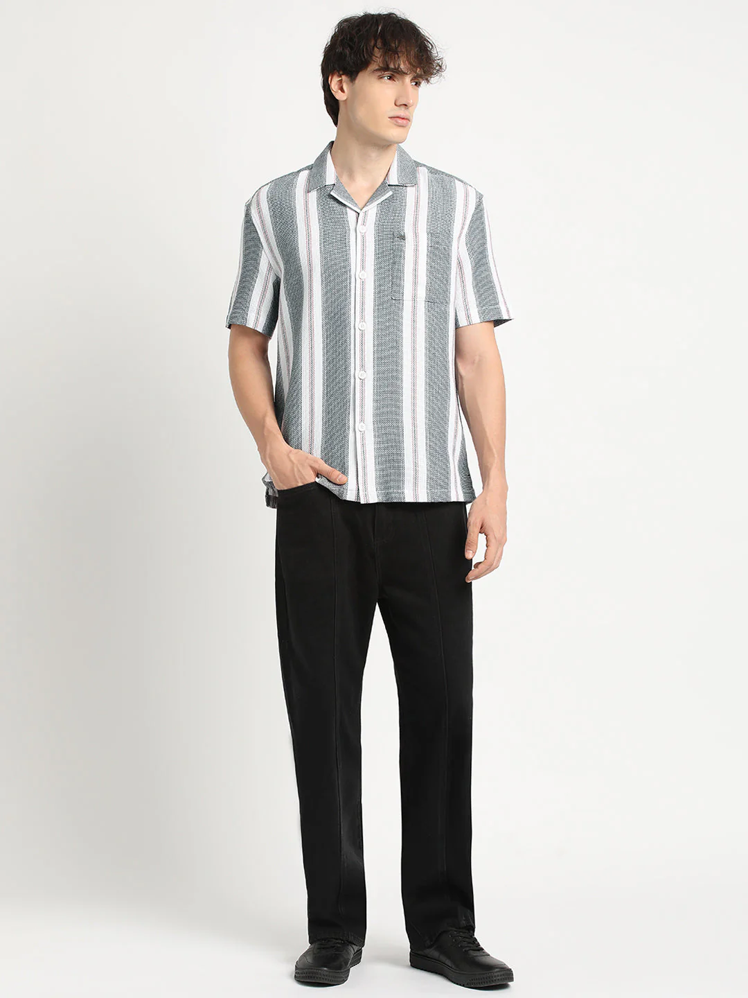 Men  Blue Stripe Regular Fit Casual Shirt - Image 5