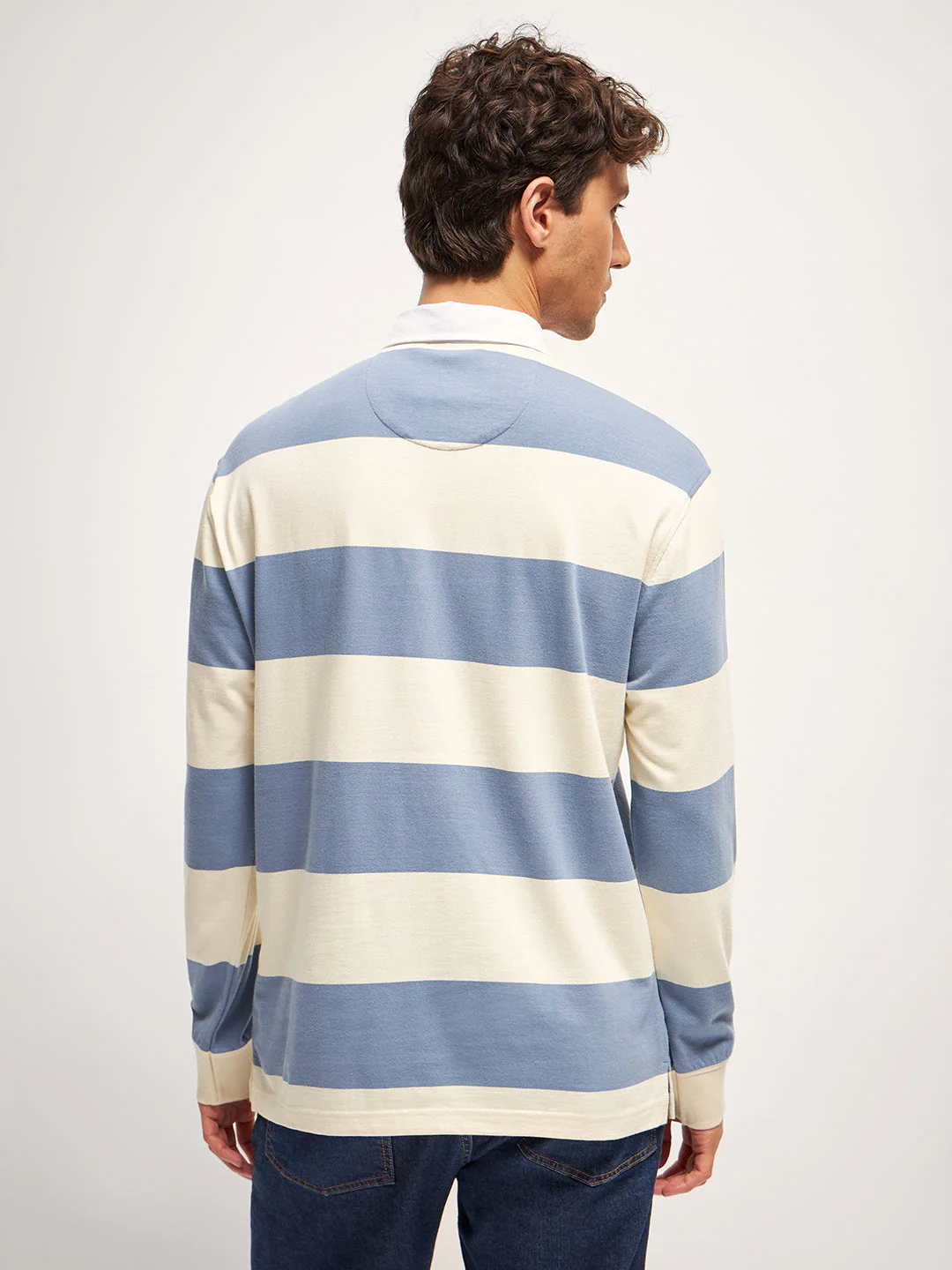 Men Blue Stripe Relaxed Fit Polo T-Shirt - Image 2