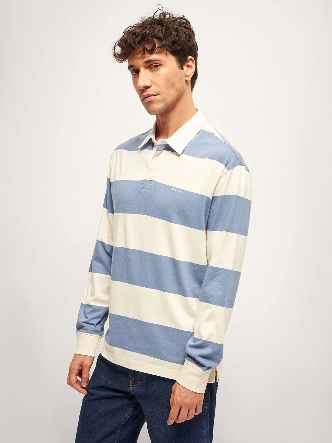 Men Blue Stripe Relaxed Fit Polo T-Shirt - Image 3