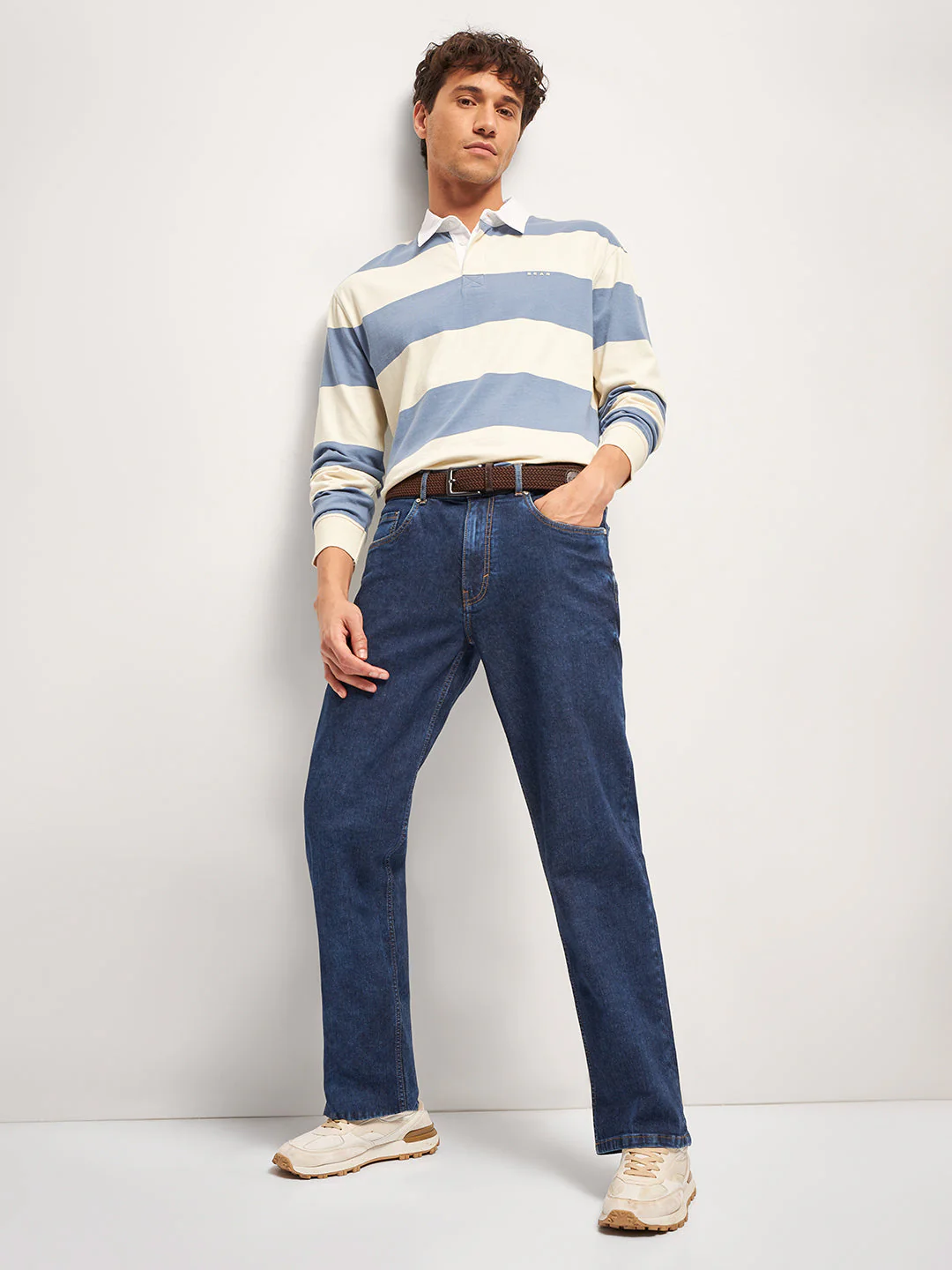 Men Blue Stripe Relaxed Fit Polo T-Shirt - Image 4