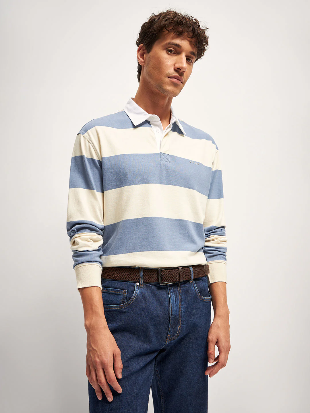 Men Blue Stripe Relaxed Fit Polo T-Shirt - Image 6