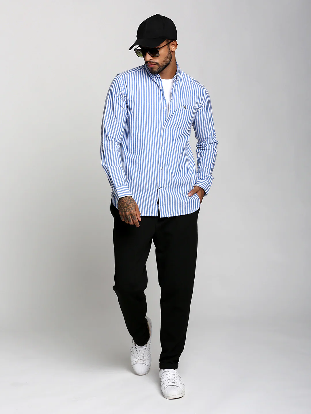 Men Blue Striped Casual Shirt - Image 5