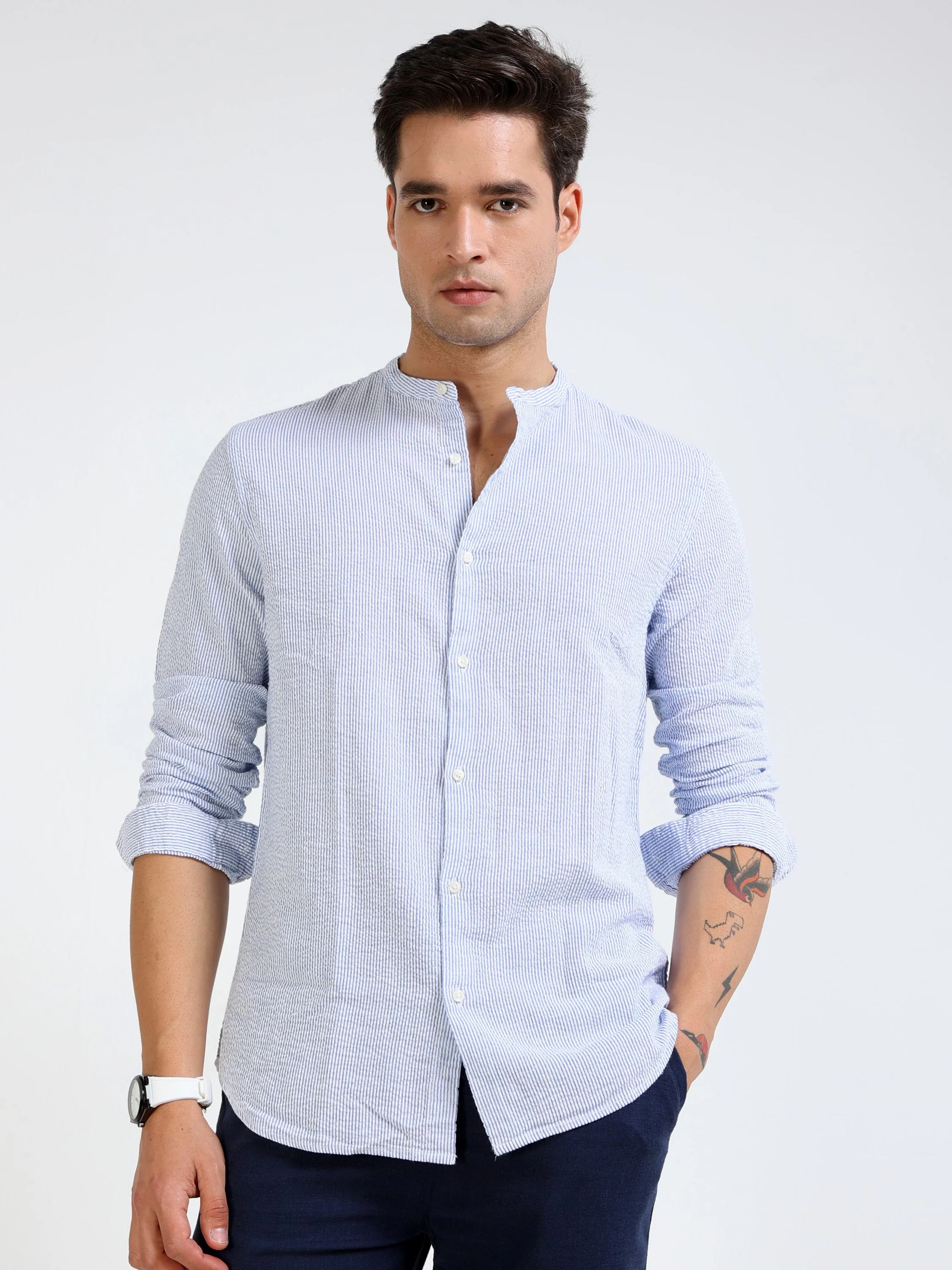 Men Blue Striped Casual Shirt - Image 3
