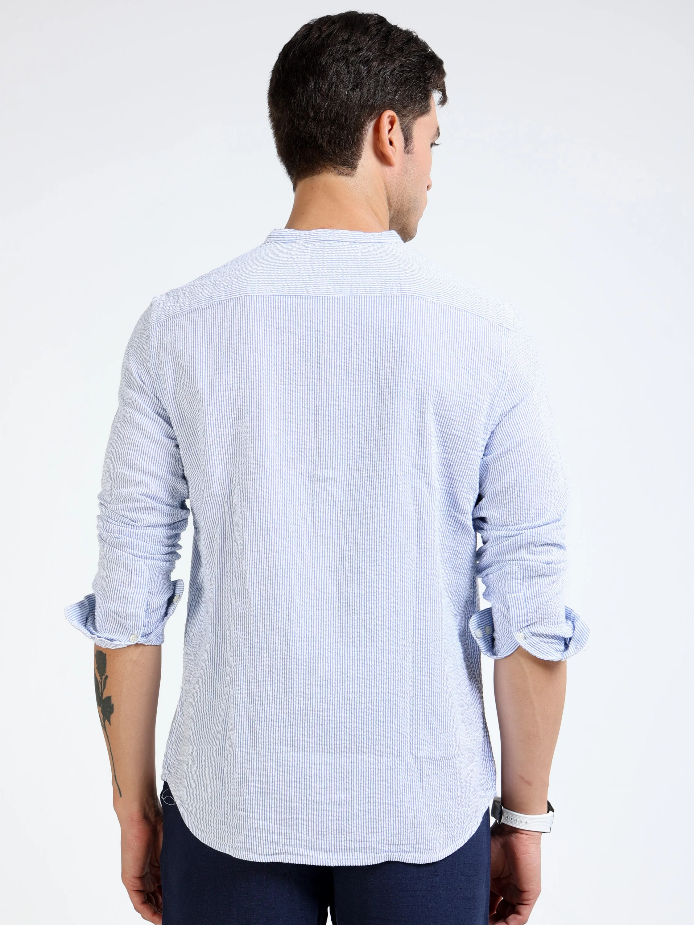 Men Blue Striped Casual Shirt - Image 4