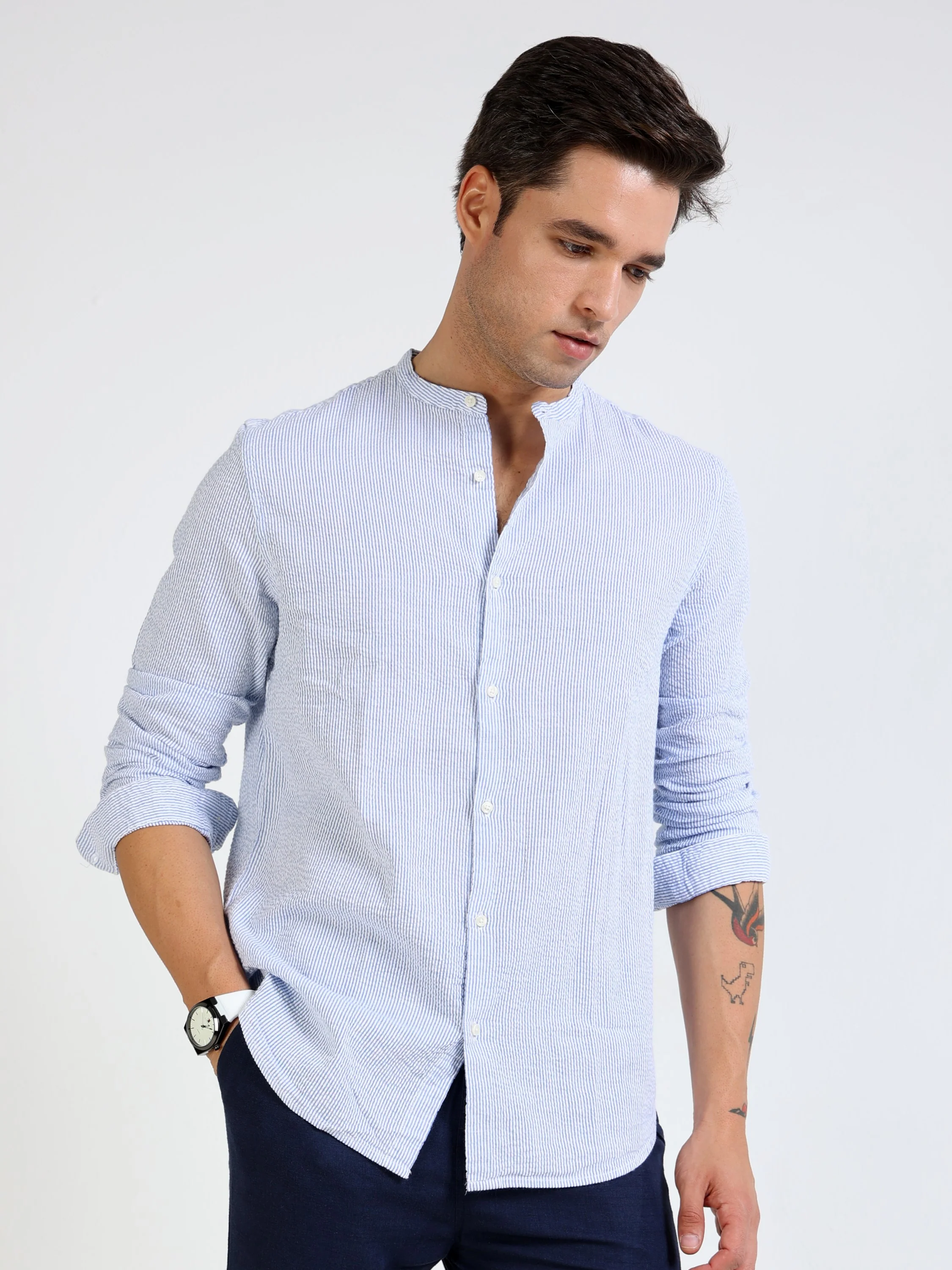 Men Blue Striped Casual Shirt - Image 5