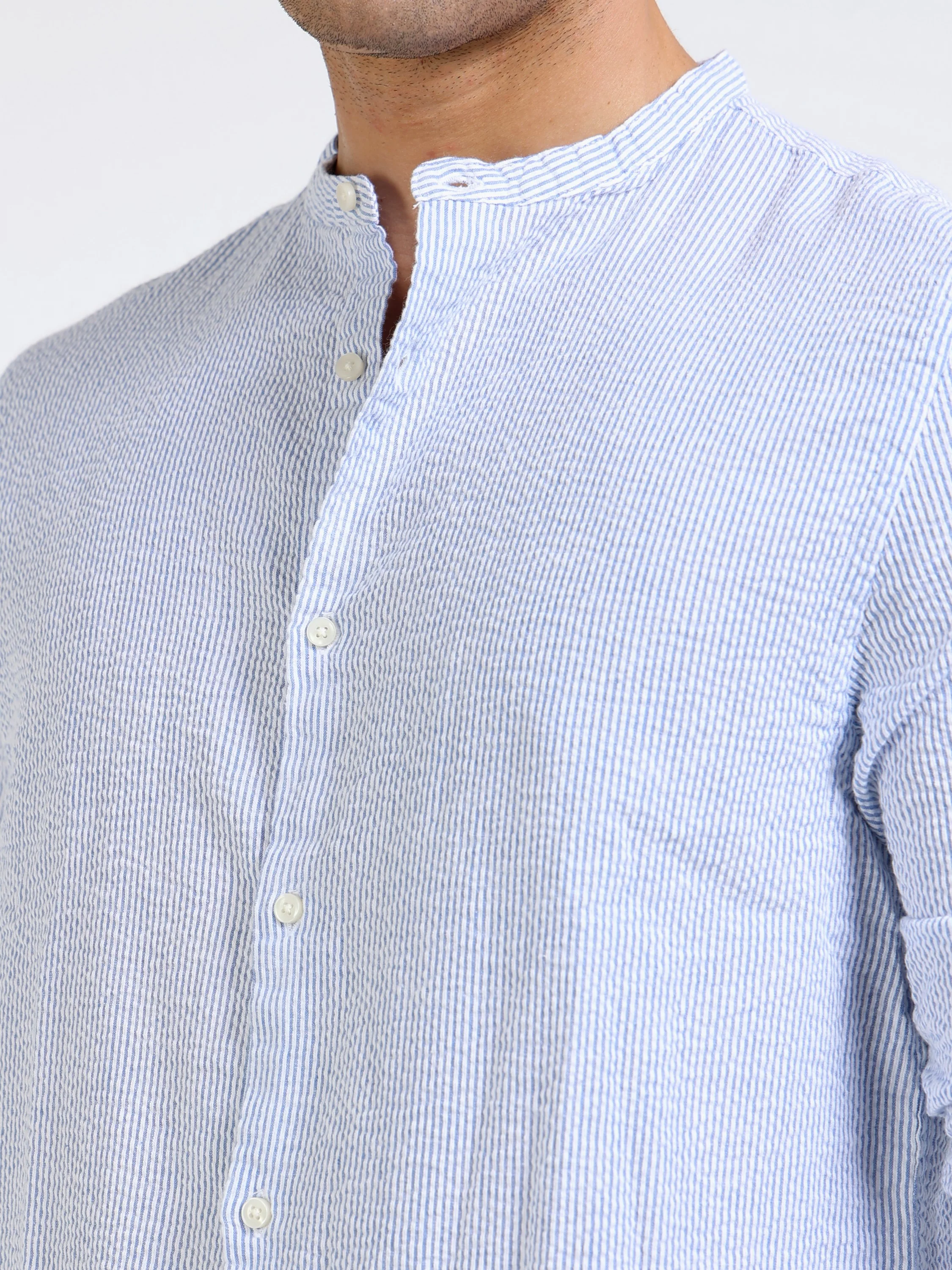 Men Blue Striped Casual Shirt - Image 6