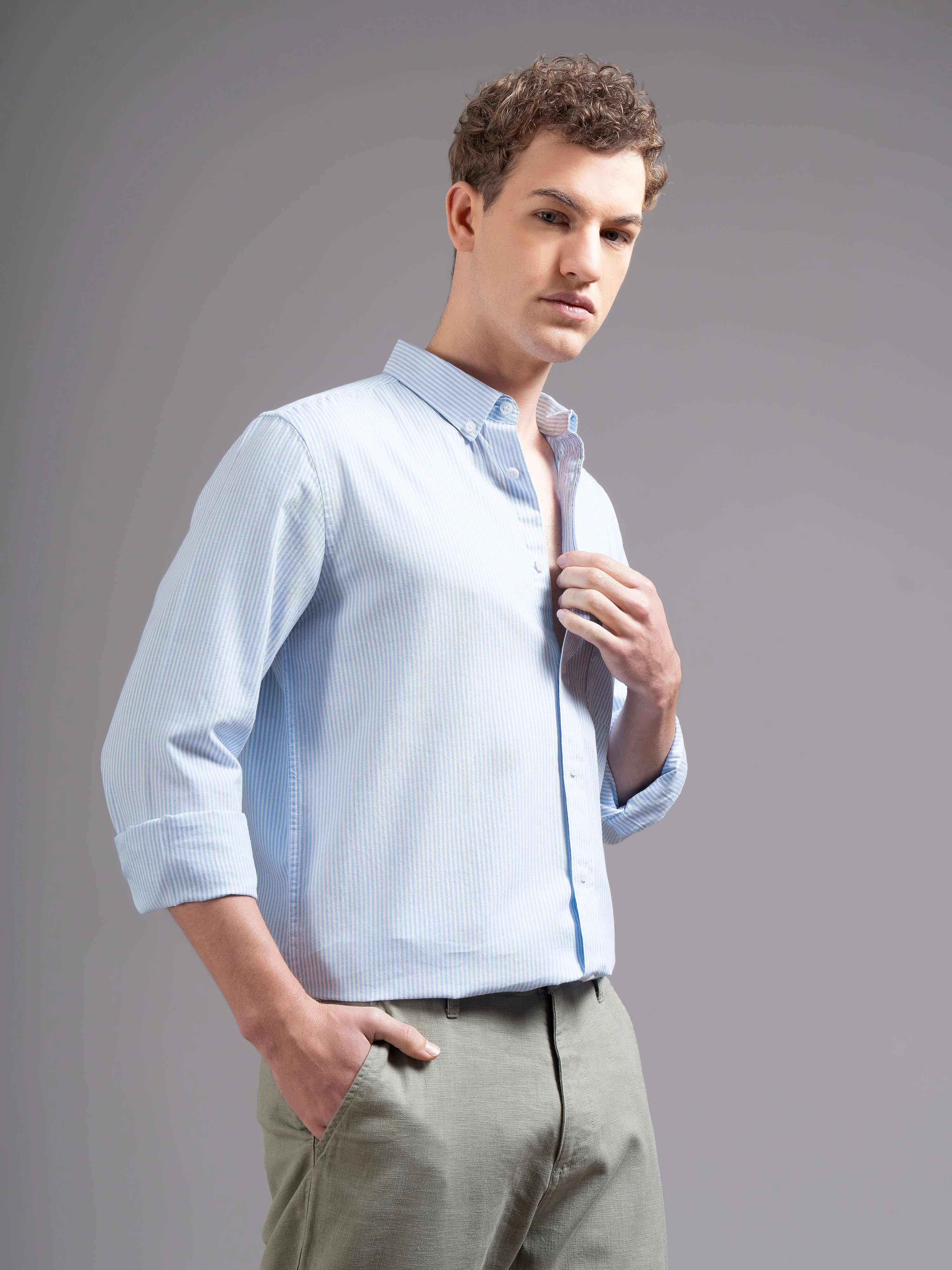 Men Blue Striped Shirt - Image 2