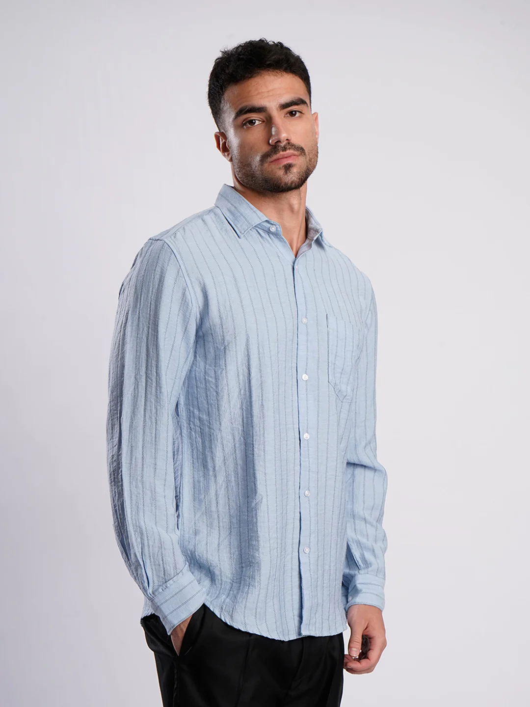 Men Blue Striped Single Pocket Shirt - Image 3