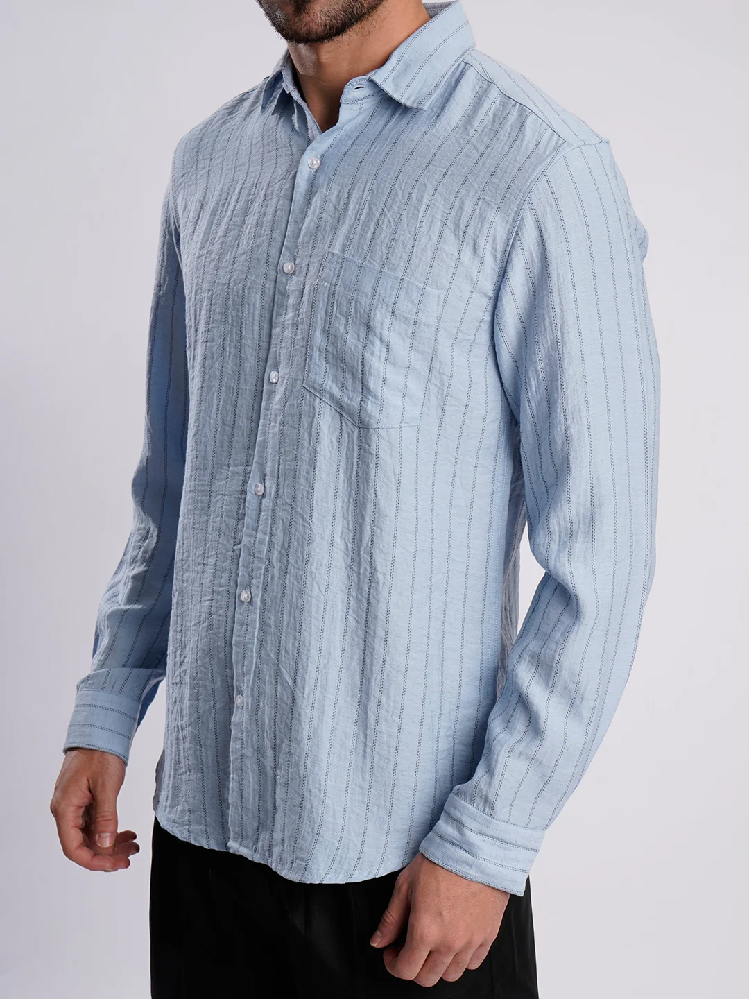 Men Blue Striped Single Pocket Shirt - Image 4