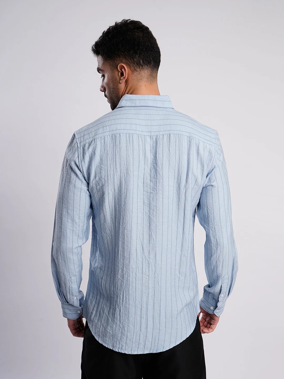 Men Blue Striped Single Pocket Shirt - Image 5