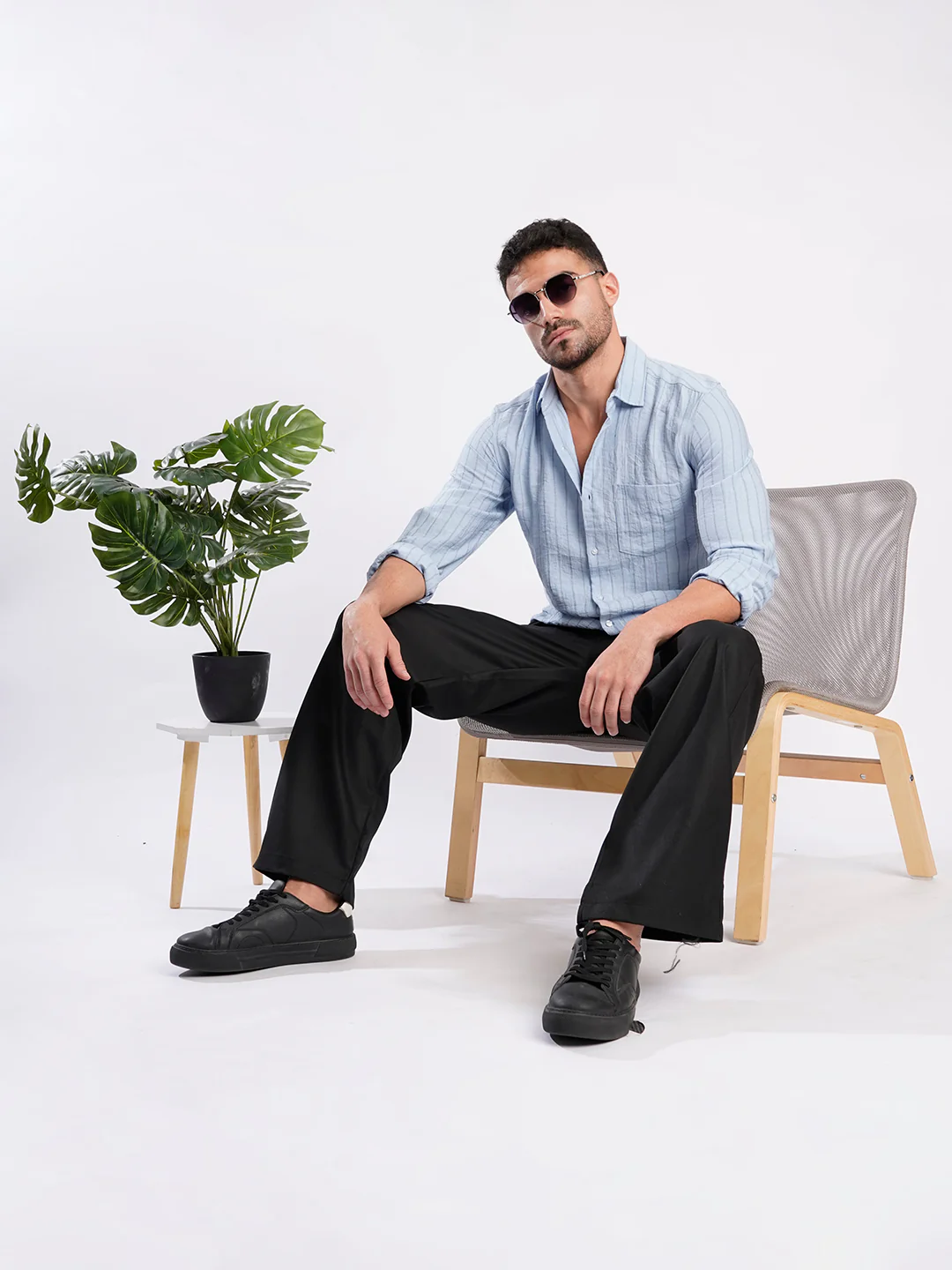 Men Blue Striped Single Pocket Shirt - Image 7