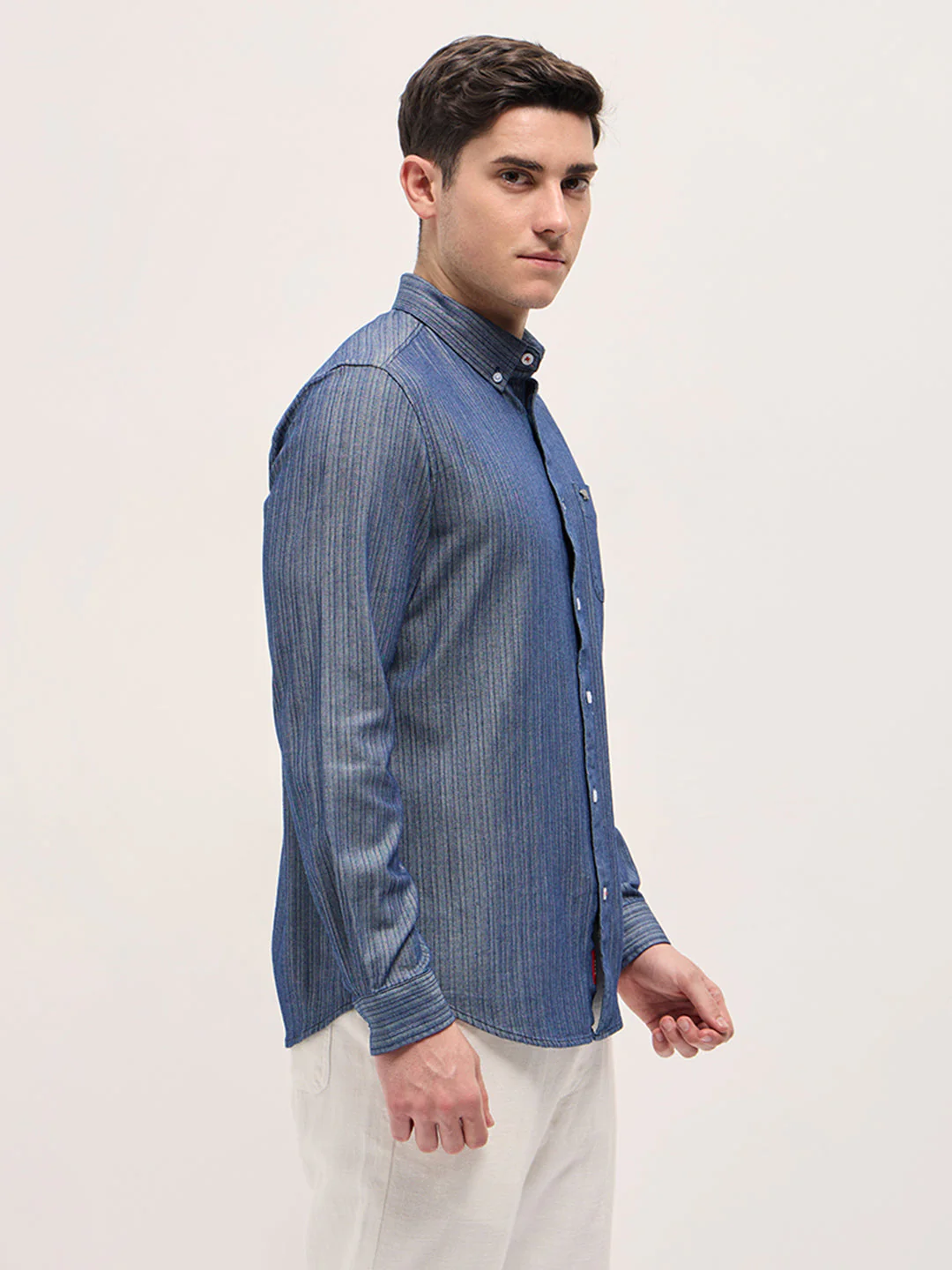 Men Blue Striped Slim Fit Casual Shirt - Image 3