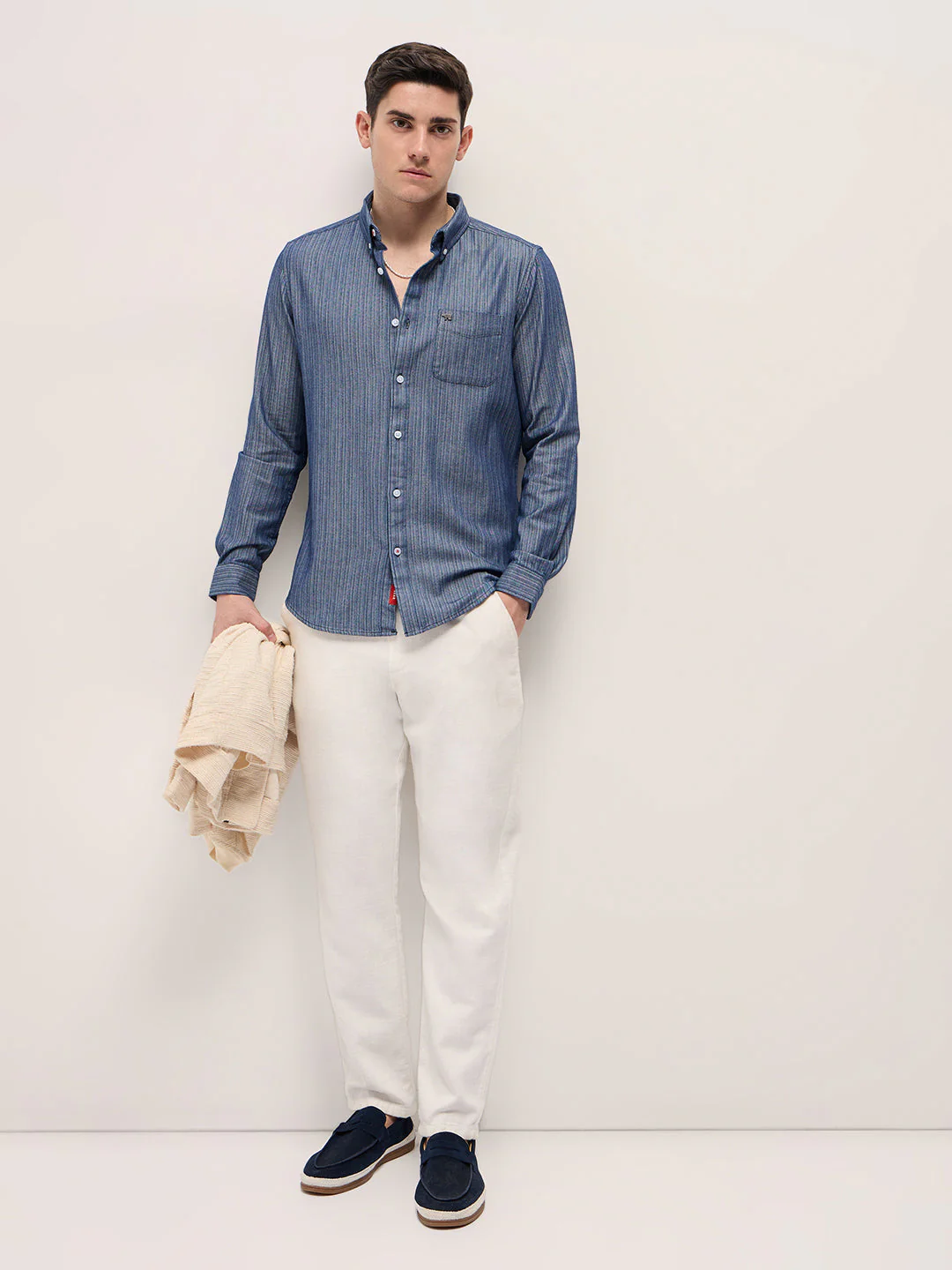 Men Blue Striped Slim Fit Casual Shirt - Image 4