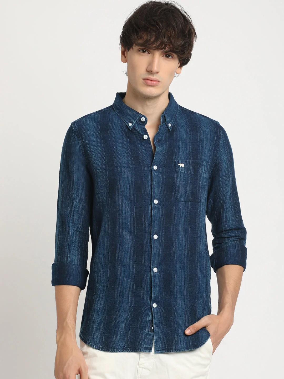 Men Blue Striped Slim Fit Cotton Casual Shirt - Image 2