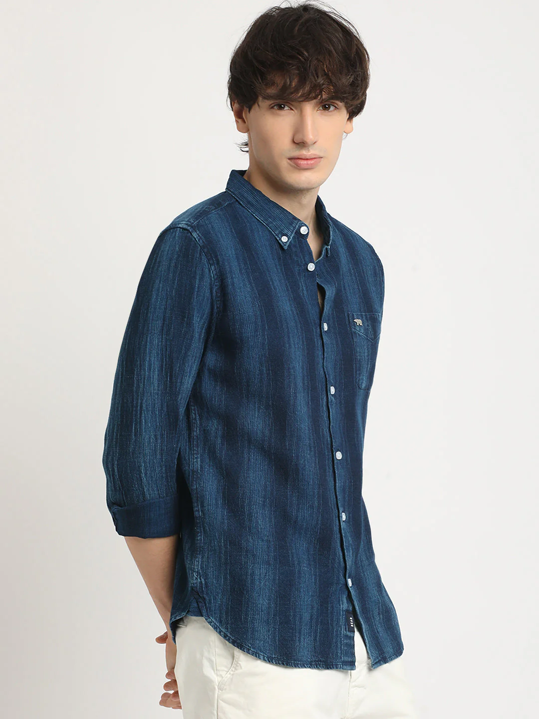 Men Blue Striped Slim Fit Cotton Casual Shirt - Image 3