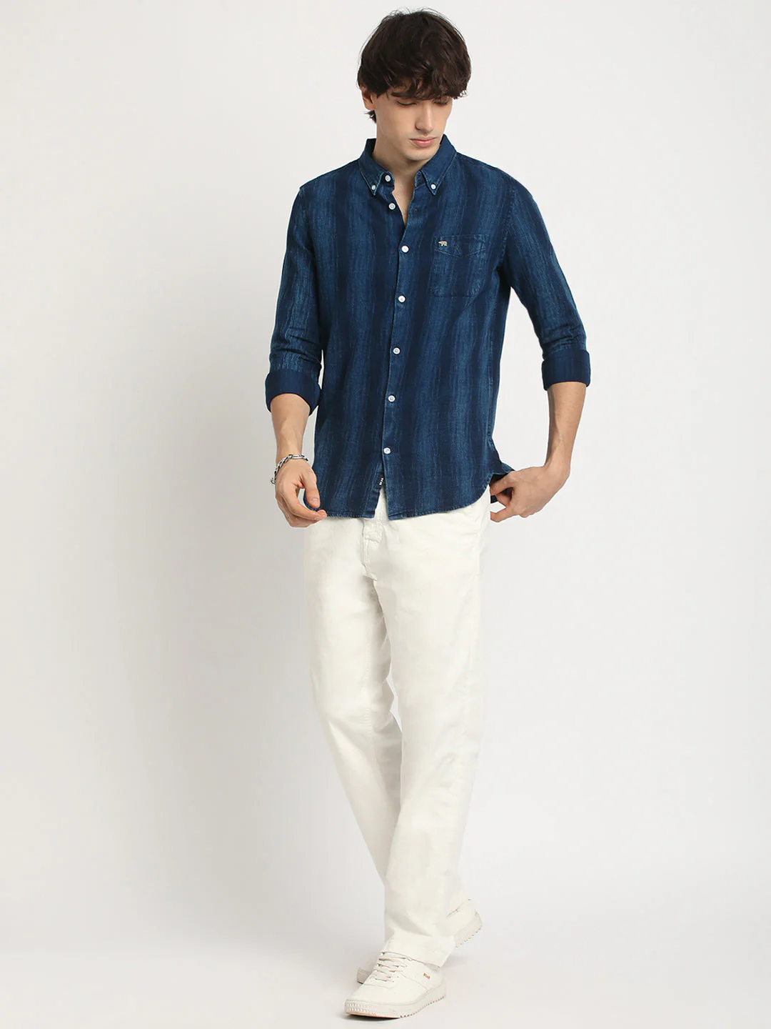 Men Blue Striped Slim Fit Cotton Casual Shirt - Image 5