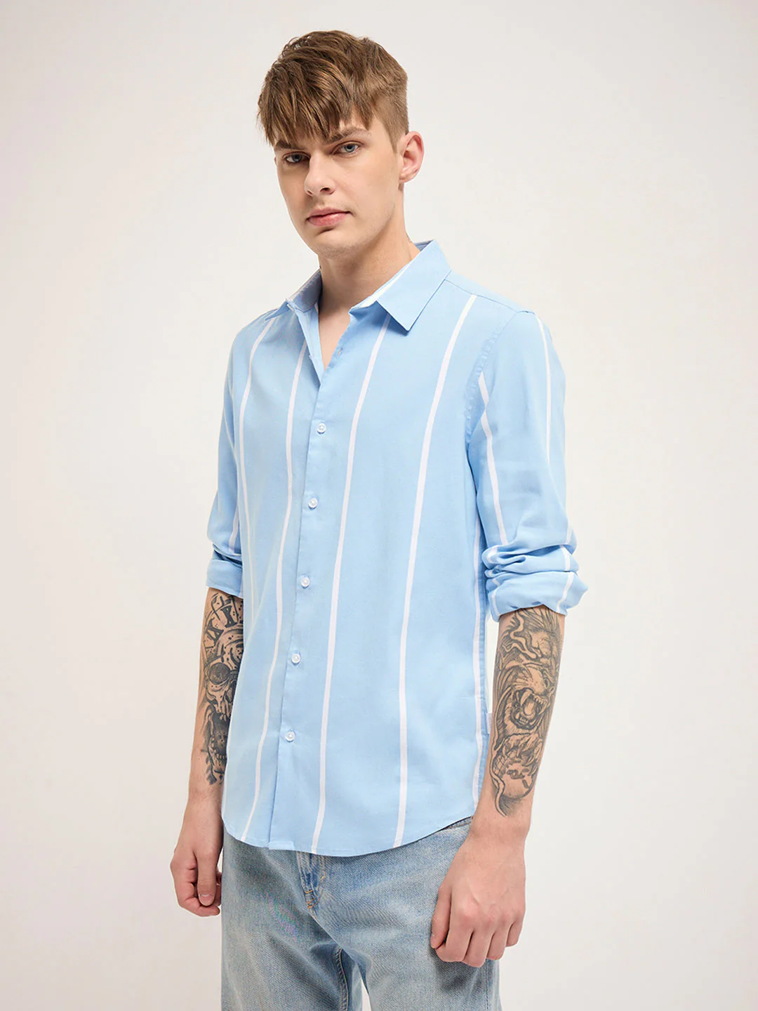 Men Blue Stripes Slim Fit Casual Shirt - Image 3