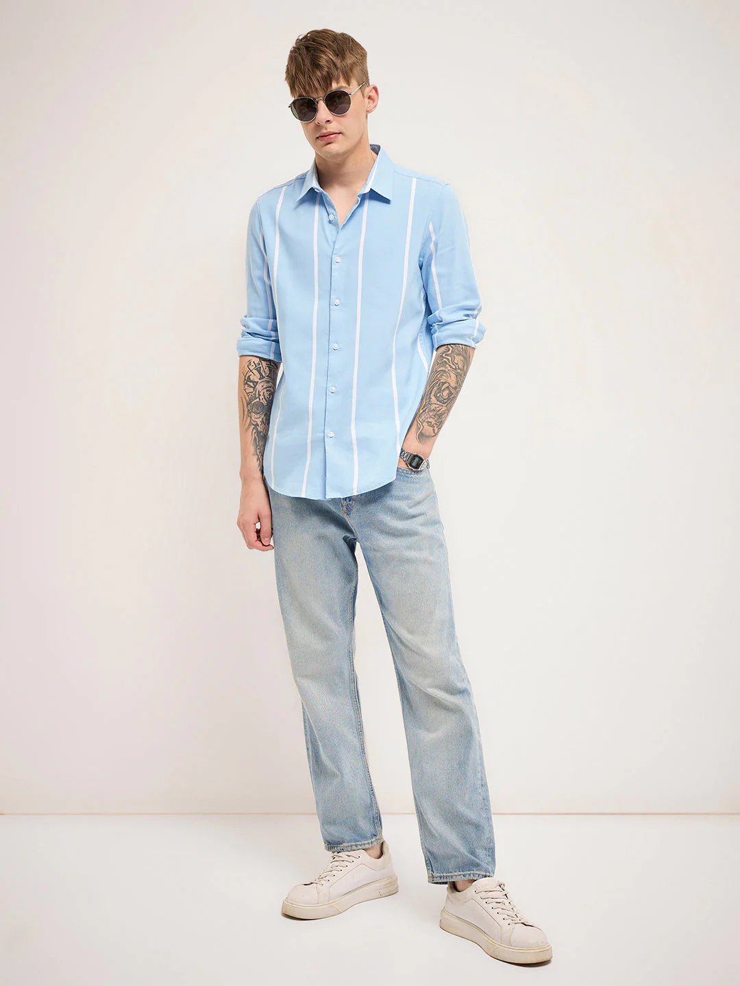 Men Blue Stripes Slim Fit Casual Shirt - Image 5
