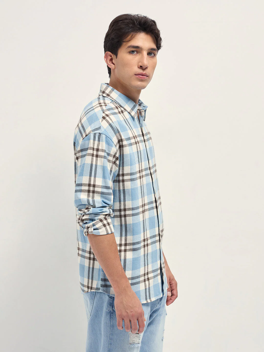 Men Blue Tartan Check Cotton Relaxed Fit Overshirt - Image 3