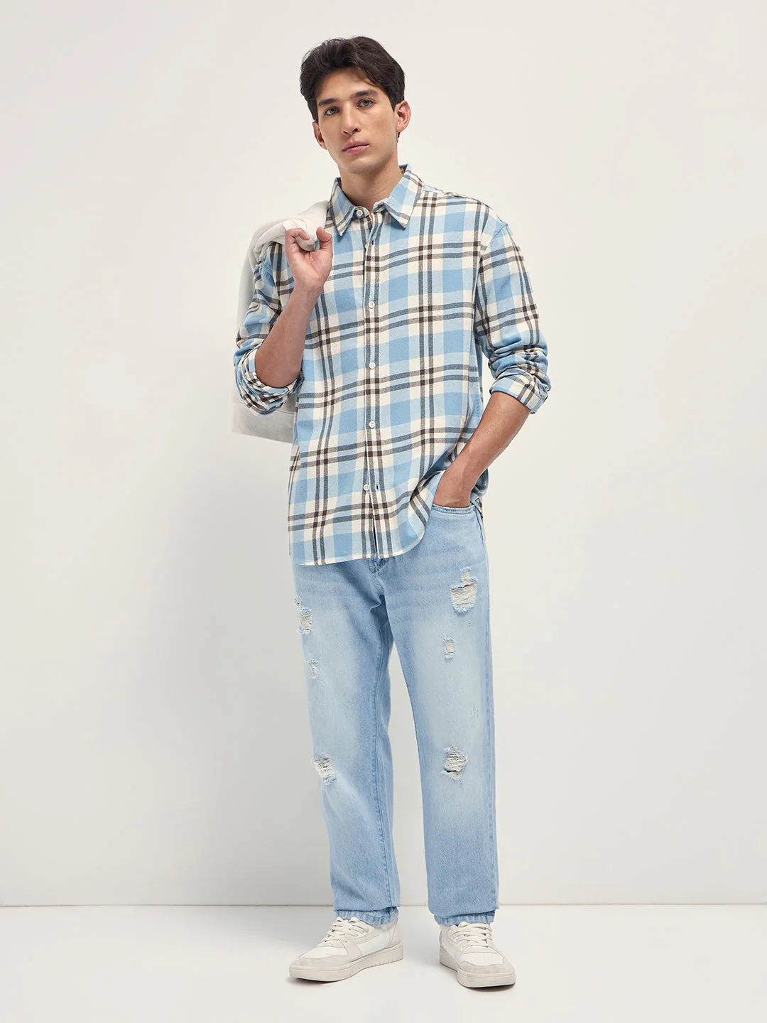 Men Blue Tartan Check Cotton Relaxed Fit Overshirt - Image 4