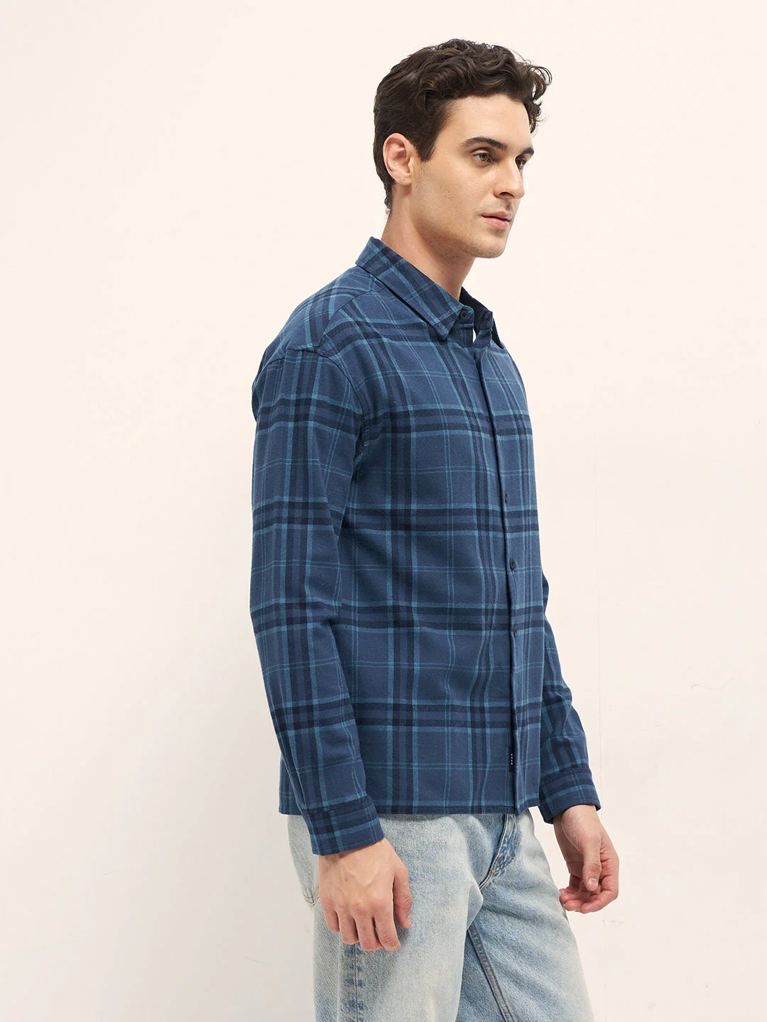 Men Blue Tartan Check Relaxed Fit Shacket - Image 3