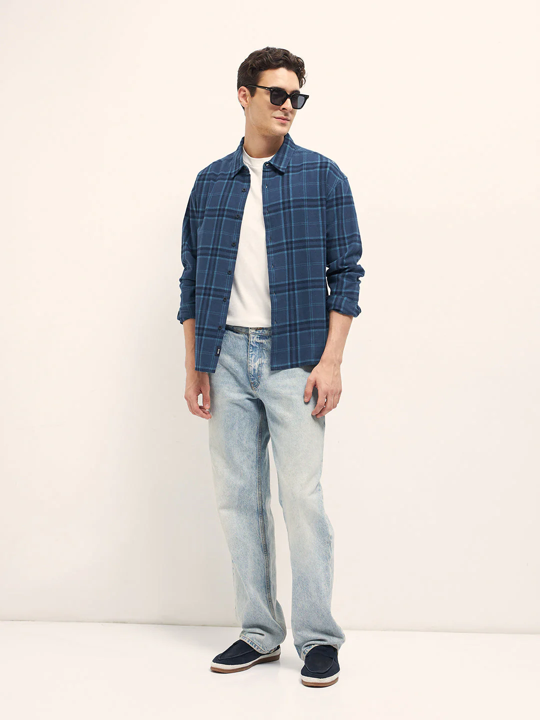 Men Blue Tartan Check Relaxed Fit Shacket - Image 4