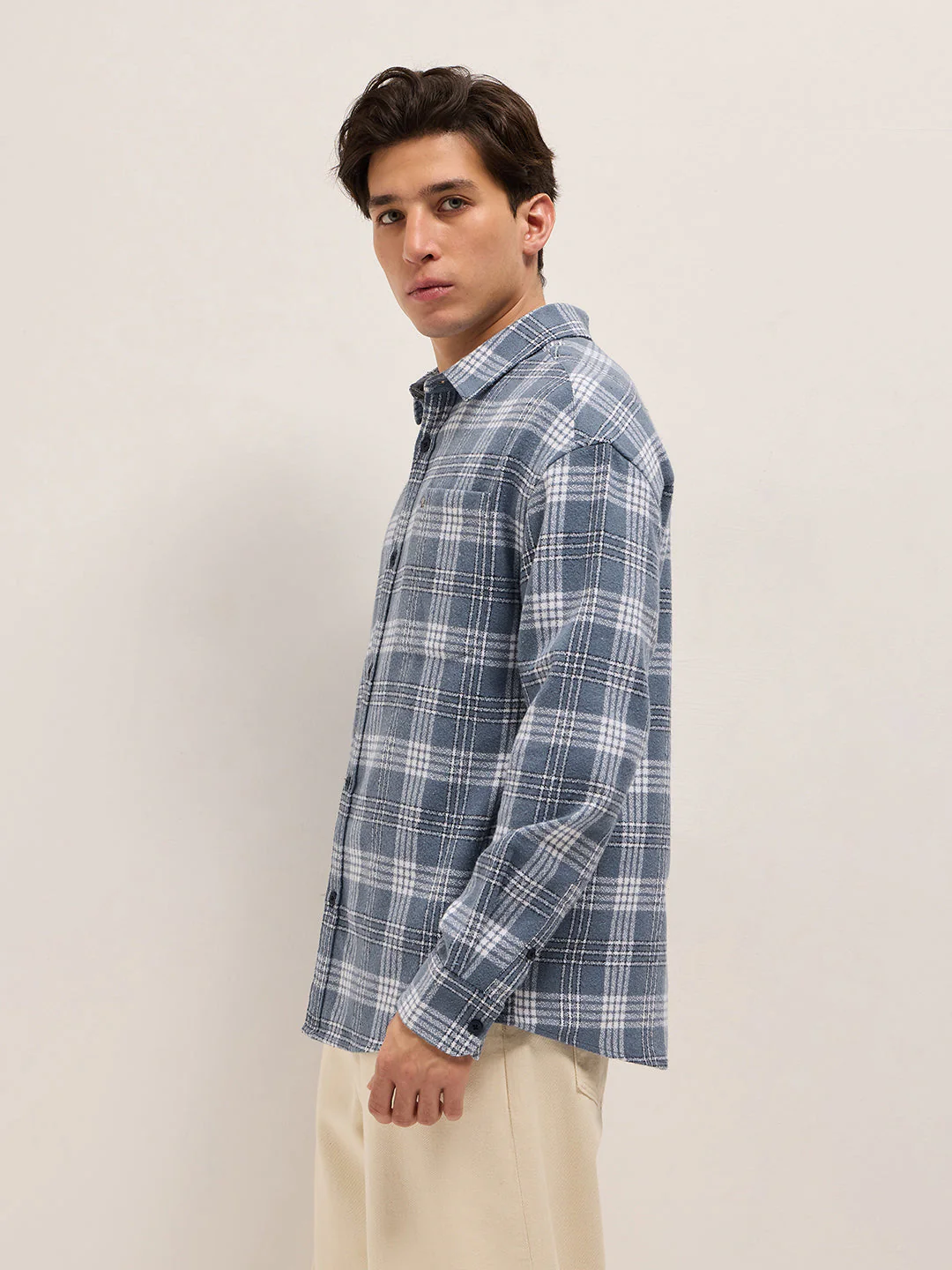 Men Blue Tartan Checked Design Relax Fit Casual Shirt - Image 3
