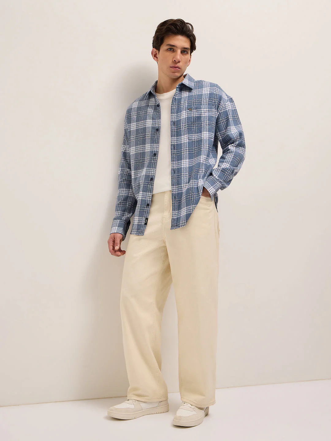 Men Blue Tartan Checked Design Relax Fit Casual Shirt - Image 4