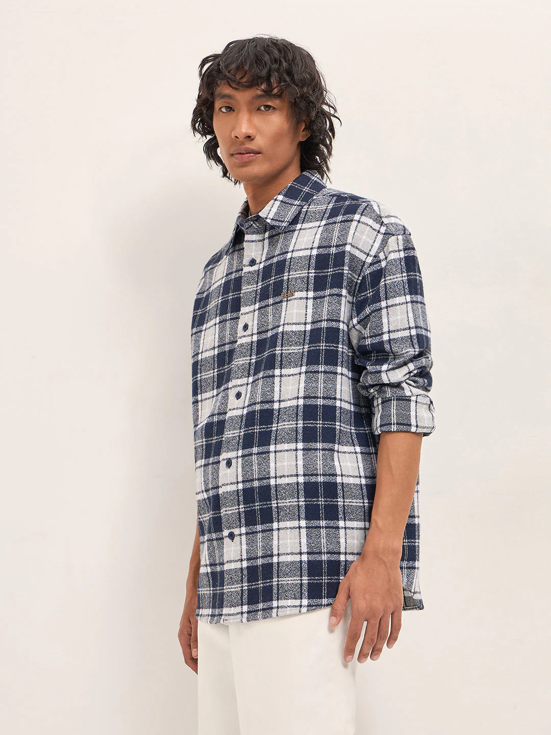 Men Blue Tartan Checked Design Relaxed Fit Overshirt - Image 3