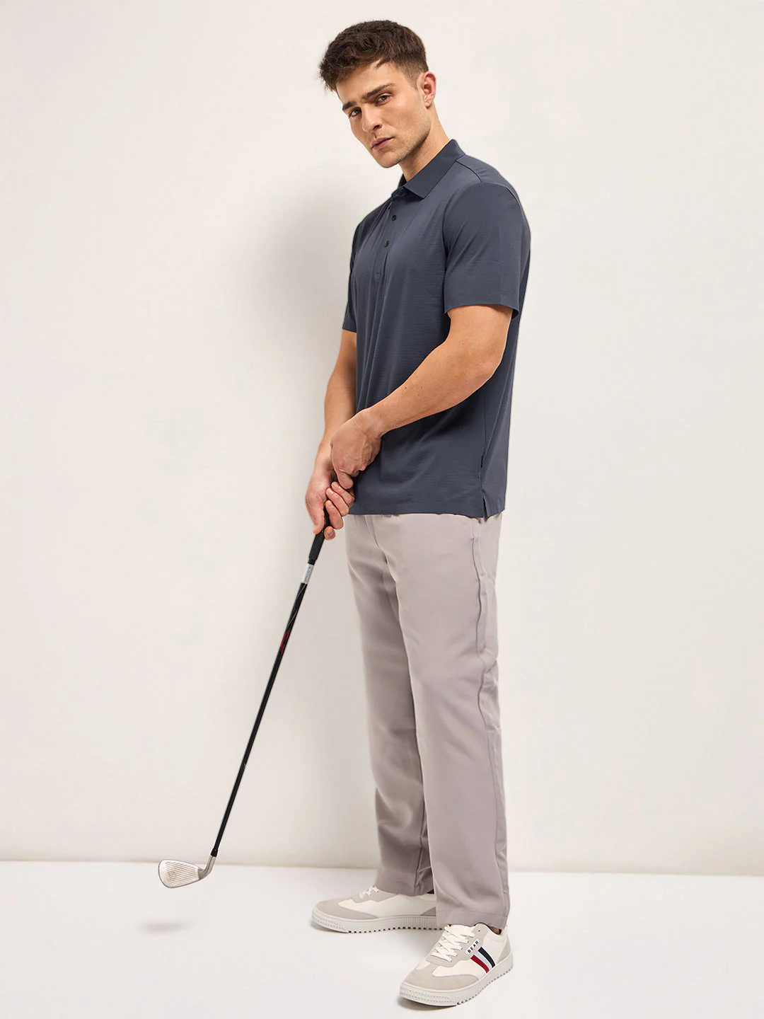 Men Blue Texture Slim Fit Polo T-shirt - Image 3
