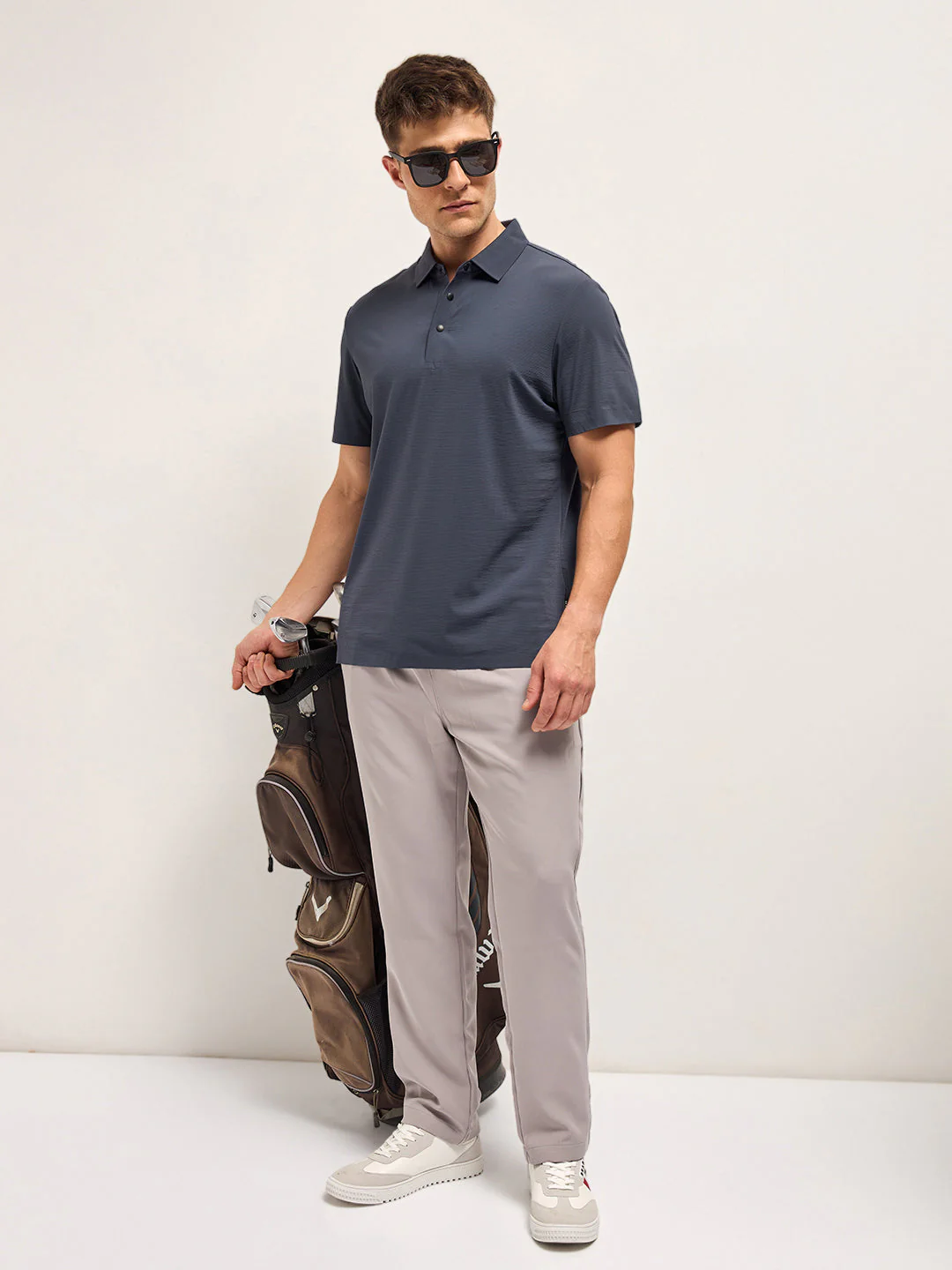 Men Blue Texture Slim Fit Polo T-shirt - Image 4