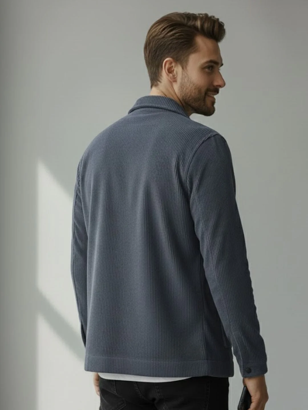 Men Blue Textured Casual Jacket - Image 2