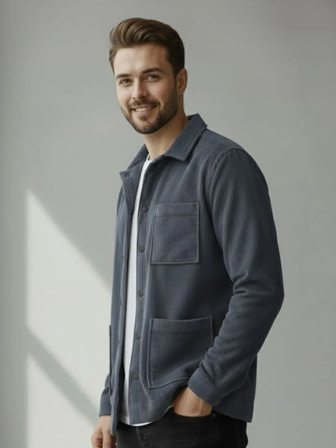 Men Blue Textured Casual Jacket - Image 3